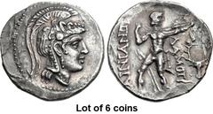 Lot of 6 coins. (41.1) THESSALY, Ainianes. Hypata . 1st century BC. AR Trihemidrachm or Stater (26mm, 7.11 g, 12h). Magistrate Damoti.... Head of Athena r. wearing Attic helmet decorated with tendril,