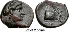 Lot of 2 coins. (63.1) THESSALY, Demetrias. Circa 290 BC or later. Æ Chalkous (13mm, 1.44 g, 12h). Wreathed female head r., wearing pendant earring and with the hair pulled up in 3rd century BC style 