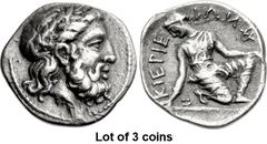Lot of 3 coins. (104.1) THESSALY, Kierion. 3rd quarter of the 4th century BC. AR Trihemiobol (14mm, 1.28 g, 5h). Laureate and bearded head of Zeus r., border of dots / ΚΙΕΡΙΕ l. up, ΙΩΝ r. down circul