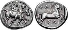 THESSALY, Larissa. Early to mid 4th century BC. AR Drachm (19mm, 6.02 g, 7h). Thessalos to r., naked but for chlamys over his shoulders and petasos hanging from a cord around his neck, holding a band 