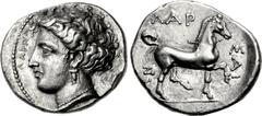 THESSALY, Larissa. Early to mid 4th century BC. AR Drachm (19.5mm, 5.68 g, 12h). ΛΑΡΙΣΑ in small, fine letters on the l. and up circular, head of the nymph Larissa l., wearing pearl necklace and tripl