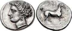 THESSALY, Larissa. Early to mid 4th century BC. AR Drachm (19.5mm, 6.08 g, 11h). Head of the nymph Larissa l., wearing pearl necklace and triple drop earring, her hair raised and bound at the top of h