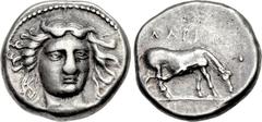 THESSALY, Larissa. Early to mid 4th century BC. AR Drachm (18mm, 5.97 g, 3h). Head of the nymph Larissa three-quarter facing r., border of dots / ΛΑΡΙ above, horse with straight legs grazing r. on gro