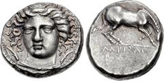 THESSALY, Larissa. Early to mid 4th century BC. AR Drachm (18.5mm, 6.12 g, 4h). Head of the nymph Larissa three-quarter facing l., wearing hair band inscribed [ΓΕΥ] and and necklace with central bead,
