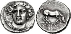 THESSALY, Larissa. Early to mid 4th century BC. AR Drachm (19mm, 5.91 g, 9h). Head of the nymph Larissa three-quarter facing l., wearing hair band inscribed ΓΕΥ, pendant earring with a bead and a neck