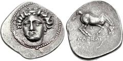 THESSALY, Larissa. Early to mid 4th century BC. AR Drachm (24mm, 6.12 g, 8h). ΙΑ above in tiny letters, head of the nymph Larissa three-quarter facing l., wearing necklace and pendant earring with a b