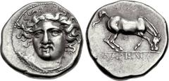 THESSALY, Larissa. Early to mid 4th century BC. AR Drachm (20mm, 5.91 g, 9h). [ΓΕΥ] on the nymph’s hair band, ΛΙ above the hair in tiny letters, head of the nymph Larissa three-quarter facing l., wear