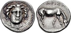 THESSALY, Larissa. Early to mid 4th century BC. AR Drachm (19mm, 5.93 g, 4h). Head of the nymph Larissa three-quarter facing r., wearing double cord necklace with small central drop and pendant earrin