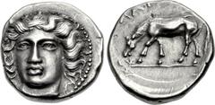 THESSALY, Larissa. Early to mid 4th century BC. AR Drachm (18mm, 6.00 g, 11h). Head of the nymph Larissa three-quarter facing l., border of dots / ΛΑΡ[ΙΣAI] above circular, horse to l. with straight l