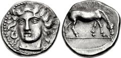 THESSALY, Larissa. Early to mid 4th century BC. AR Drachm (19mm, 5.93 g, 11h). Head of the nymph Larissa three-quarter facing l., border of dots / [ΛΑΡΙ] above, horse to r. with straight legs nibbling