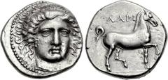 THESSALY, Larissa. Early to mid 4th century BC. AR Drachm (19mm, 5.89 g, 12h). METO l. down in small and faint letters, head of the nymph Larissa three-quarter facing r., wearing pendant earring and n