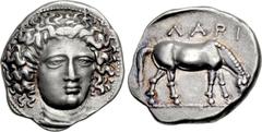 THESSALY, Larissa. Early to mid 4th century BC. AR Drachm (19mm, 5.90 g, 9h). Head of the nymph Larissa three-quarter facing r., border of dots / ΛΑΡΙ above, horse with straight legs feeding r. on dot