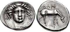 THESSALY, Larissa. Early to mid 4th century BC. AR Drachm (20mm, 5.97 g, 11h). Head of the nymph Larissa three-quarter facing r., neckline in the form of an open V with central pellet; all within bord