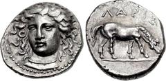 THESSALY, Larissa. Early to mid 4th century BC. AR Drachm (19mm, 5.94 g, 6h). Head of the nymph Larissa three-quarter facing l., wearing simple torque necklace, neckline below in open V form; all with
