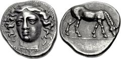 THESSALY, Larissa. Early to mid 4th century BC. AR Drachm (18mm, 5.85 g, 5h). Head of the nymph Larissa three-quarter facing l., necklace in the form of an open V with central pellet; all within borde