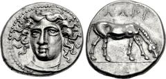 THESSALY, Larissa. Early to mid 4th century BC. AR Drachm (19.5mm, 6.06 g, 9h). Head of the nymph Larissa three-quarter facing l., wearing plain necklace; all within border of dots / ΛΑΡΙ above, horse