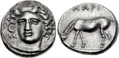 THESSALY, Larissa. Early to mid 4th century BC. AR Drachm (18mm, 6.05 g, 3h). Head of the nymph Larissa three-quarter facing l., wearing ornate necklace and earring; all within border of dots / ΛΑΡΙ a