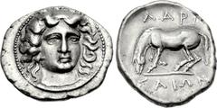 THESSALY, Larissa. Mid 4th century BC. AR Drachm (22mm, 5.97 g, 3h). Head of the nymph Larissa three-quarter facing r., wearing pendant earring and plain necklace; border of dots / ΛΑΡΙ above, ΣΑΙΩΝ i