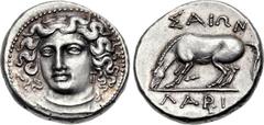 THESSALY, Larissa. Mid 4th century BC. AR Drachm (19.5mm, 6.11 g, 12h). Head of the nymph Larissa three-quarter facing l., wearing pendant earring and plain necklace; border of dots / ΛΑΡΙ in exergue,