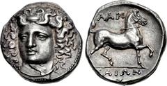 THESSALY, Larissa. Mid to late 4th century BC. AR Stater (23.5mm, 12.24 g, 1h). Head of the nymph Larissa three-quarter facing l., wearing plain necklace and triple drop pendant earring, her hair held