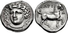 THESSALY, Larissa. Mid to late 4th century BC. AR Stater (24mm, 12.17 g, 6h). Head of the nymph Larissa three-quarter facing l., wearing plain necklace and drop pendant earring, her hair held by an am