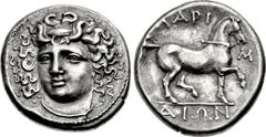 THESSALY, Larissa. Mid to late 4th century BC. AR Stater (23.5mm, 12.08 g, 1h). Head of the nymph Larissa three-quarter facing l., wearing plain necklace and tiny drop earring, her hair held by an amp