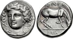 THESSALY, Larissa. Mid to late 4th century BC. AR Drachm (17mm, 5.84 g, 11h). Head of the nymph Larissa three-quarter facing l., wearing ampyx and plain necklace; border of dots / [Λ]ΑΡΙ below, [Σ]ΑΙΩ