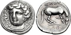 THESSALY, Larissa. Mid to late 4th century BC. AR Hemidrachm (15.5mm, 2.96 g, 11h). Head of the nymph Larissa three-quarter facing l., wearing plain necklace and pendant earring, her hair held by an a