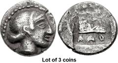 Lot of 3 coins. (348.1) THESSALY, Larissa. 479/475 - circa 460 BC. AR Obol (9.5mm, 0.82 g, 3h). Head of nymph Larissa r., her hair bound with a ribbon and tied at the back; border of dots / ΛΑRΙ below