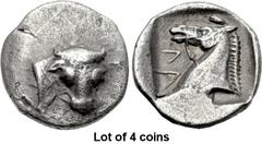 Lot of 4 coins. (353.1) THESSALY, Larissa. Late second quarter of the 5th century BC. AR Obol (10mm, 0.80 g, 6h). Head and neck of bull r., the head turned to face the viewer, dotted circle hardly sho