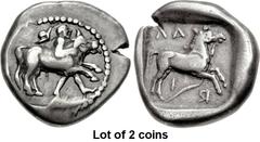 Lot of 2 coins. (355.1) THESSALY, Larissa. Mid 5th century BC. AR Drachm (19mm, 5.95 g, 11h). Hero to r., wearing cloak and with petasos over his shoulders, holding a band with both his hands passing 