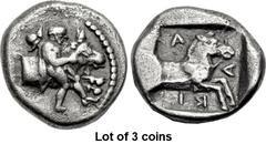 Lot of 3 coins. (357.1) THESSALY, Larissa. Mid 5th century BC. AR Hemidrachm (14.5mm, 2.94 g, 3h). Hero to r., with petasos over his shoulders, holding a band with both his hands passing around the he