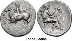 Lot of 3 coins. (362.1) THESSALY, Larissa. Circa 400 BC. AR Trihemiobol (14mm, 1.33 g, 6h). Horseman, wearing petasos and chlamys, prancing l. on ground line and holding two spears; border of dots / Λ