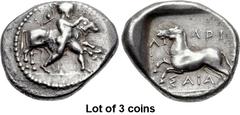 Lot of 3 coins. (368.1) THESSALY, Larissa. Early to mid 4th century BC. AR Drachm (20.5mm, 5.76 g, 12h). Thessalos to r., naked but for chlamys over his shoulders and petasos hanging from a cord aroun