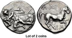 Lot of 2 coins. (371.1) THESSALY, Larissa. Early to mid 4th century BC. AR Drachm (19mm, 5.96 g, 9h). Thessalos to l., naked but for chlamys flying in the air above him and petasos just visible behind