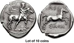 Lot of 10 coins. (372.1) THESSALY, Larissa. Early to mid 4th century BC. AR Drachm (20mm, 5.90 g, 6h). Thessalos to r., naked but for chlamys over his shoulders, his petasos attached to a cord around 