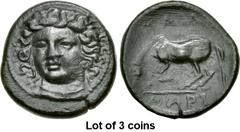 Lot of 3 coins. (383.1) THESSALY, Larissa. Early to mid 4th century BC. Æ Dichalkon (18mm, 4.39 g, 1h). Head of the nymph Larissa three-quarter facing l., wearing plain necklace, circular earring and 