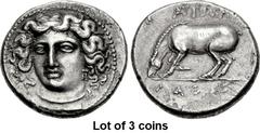 Lot of 3 coins. (384.1) THESSALY, Larissa. Mid 4th century BC. AR Drachm (19.5mm, 5.90 g, 12h). Head of the nymph Larissa three-quarter facing l., wearing pendant earring and plain necklace; border of