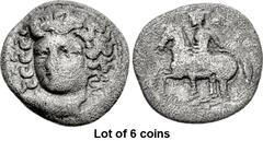Lot of 6 coins. (385.1) THESSALY, Larissa. Mid 4th century BC. AR Trihemiobol (13mm, 1.18 g, 5h). Head of the nymph Larissa three-quarter facing l., wearing a pendant earring, a plain necklace and wit