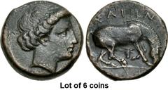 Lot of 6 coins. (390.1) THESSALY, Larissa. Mid to late 4th century BC. Æ Dichalkon (17mm, 4.41 g, 7h). Head of nymph Larissa r., a pellet in her ear, her hair rolled up around her head; dotted border 