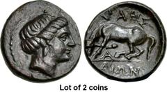Lot of 2 coins. (391.1) THESSALY, Larissa. Late 4th - early 3rd centuries BC. Æ Chalkous (14mm, 2.00 g, 12h). Head of the nymph Larissa r., her hair rolled up around her head, wearing pendant earring;