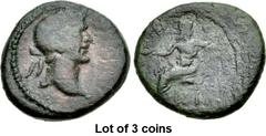 Lot of 3 coins. (431.1) THESSALY, Magnetes. Trajan. AD 98-117. Æ Diassarion (19.5mm, 4.25 g, 6h). [ΑΙΑΡΤ] r. up, the P retrograde, laureate head of Trajan r., border of dots / [ΜΑΓИ] r. up, [ΗΤѠИ] l. 