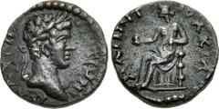 THESSALY, Magnetes. Caracalla. AD 198-217. Æ Assarion (15mm, 2.02 g, 6h). ΜΑVPH l. up, ANTѠΝΙ r. down, laureate head of Caracalla r., border of dots / ΜΑΓΝΗ l. up, ΙΟΛΚΙΑ r. down, Artemis seated l. on