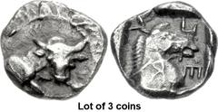 Lot of 3 coins. (539.1) THESSALY, Perrhaiboi. Late second quarter of the 5th century BC. AR Obol (10mm, 0.91 g, 12h). Forepart of bull r., its forelegs shown under it and its head turned r. to face th
