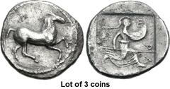 Lot of 3 coins. (551.1) THESSALY, Perrhaiboi. Late 5th to early 4th centuries BC. AR Obol (11mm, 0.68 g, 6h). Horse prancing r., border of dots / Π-E above to l. and r., P-A r. down, Athena Itonia r.,