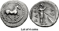 Lot of 4 coins. (618.1) THESSALY, Pharkadon. Last quarter of the 5th to 1st quarter of the 4th centuries BC. AR Obol (11.5mm, 0.57 g, 9h). Horse pacing r., border of dots / ΦAP r. down, KAΔO l. up, At