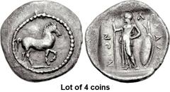 Lot of 4 coins. (619.1) THESSALY, Pharkadon. Last quarter of the 5th to 1st quarter of the 4th centuries BC. AR Obol (12mm, 0.78 g, 5h). Horse pacing r., border of dots / Φ-A-P above, KAΔO r. down, NI