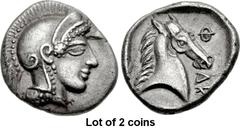 Lot of 2 coins. (662.1) THESSALY, Pharsalos. Mid to late 5th century BC. AR Hemidrachm (15mm, 2.87 g, 7h). Head of Athena r., wearing crested Attic helmet / ΦA-P r. down, horse’s head and neck r., all