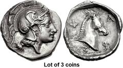 Lot of 3 coins. (668.1) THESSALY, Pharsalos. Early 4th century BC. AR Hemidrachm (18.5mm, 3.06 g, 8h). Head of Athena r., wearing crested Attic helmet with raised cheek flaps and adorned with scrolls 