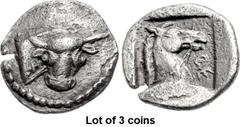 Lot of 3 coins. (679.1) THESSALY, Pherai. Late 2nd quarter of the 5th century BC. AR Obol (11.5mm, 0.84 g, 7h). Head and neck of bull to r., turned to face the viewer, border of dots / Θ-E downwards a